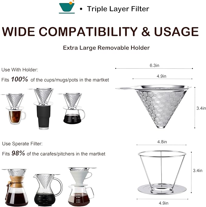dailybrew Pour Over Coffee Maker, Triple Layer Stainless Steel Cone Coffee Filter, 4 Cup Non-electric Drip Coffee Maker, Manual Portable Pour Over Coffee Maker, Metal Cone Cafe Coffee Dripper