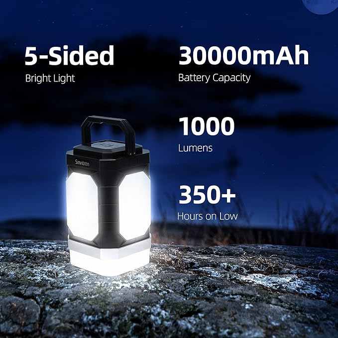 Sinvitron 30000mAh LED Camping Lantern with QC3.0 Fast Charging, 1000LM Emergency Lights for Power Outages, 350H Runtime, IPX5 Waterproof Rechargeable Lamp for Tent, Outdoor (Black/Grey)