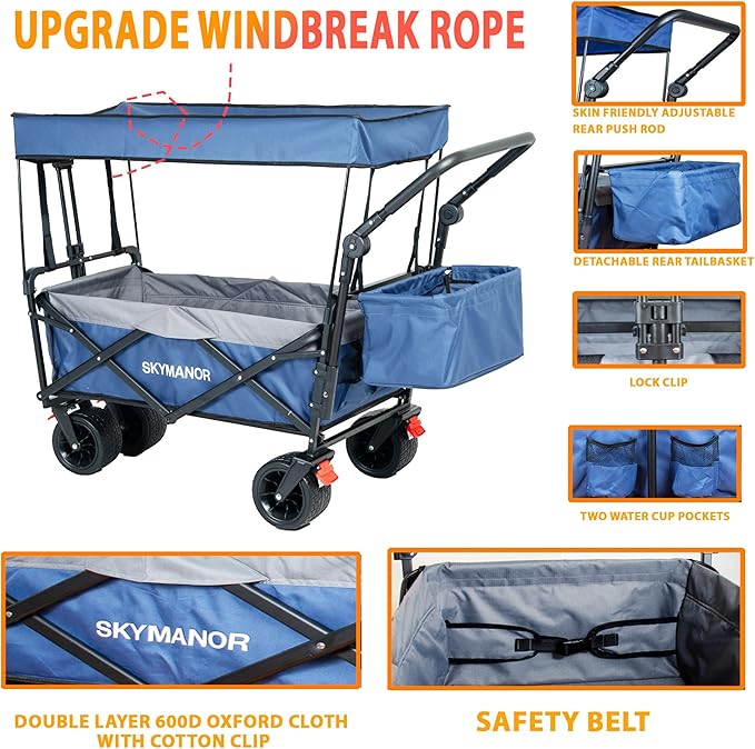 Collapsible Wagon Folding Garden Cart with Removable Canopy Utility Heavy Duty Wagon Cart with All-Terrain Wheel Storage 4 Brake for Camping Shopping (Upgraded Canopy-Gray-Blue Splicing)