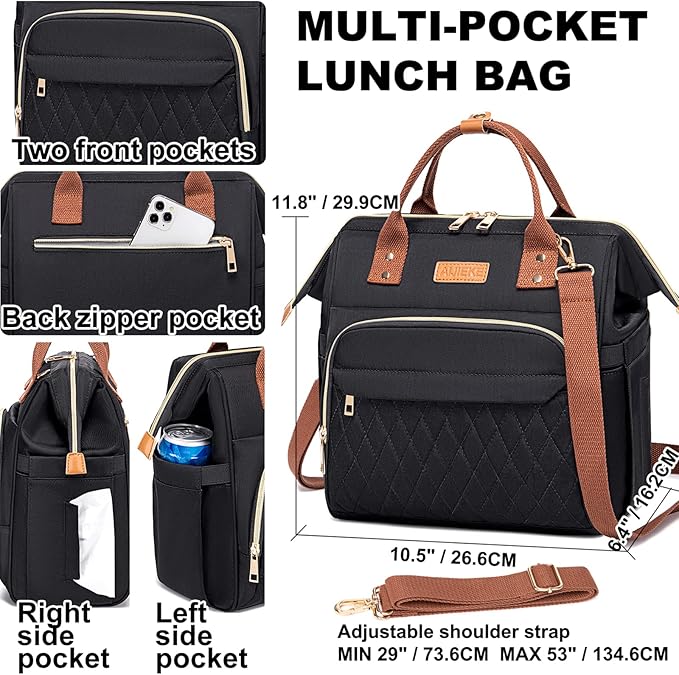AIJIEKE Lunch Bag for Women, Large Lunch Box for Work Insulated Lunch Bag, Adult Leakproof Lunch Tote Cooler Bag with Side Pockets & Adjustable Strap, Lunch Purse for Picnic Beach, Black