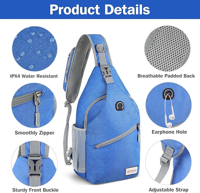ZOMAKE Sling Bag for Women Men, Small Crossbody Sling Backpack, Mini Water Resistant Shoulder Daypack for Travel, Anti Thief Chest Bag for Hiking, Sports(Blue)