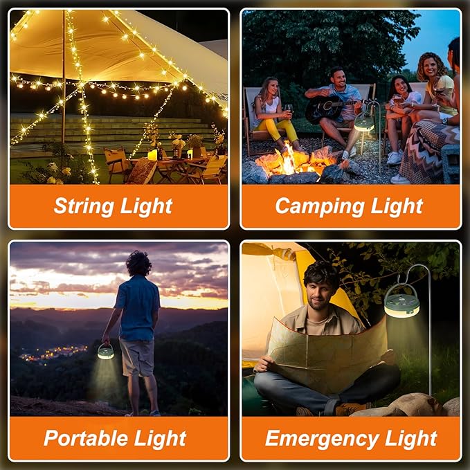 HELESIN Outdoor Waterproof Portable Stowable String Light, 3 in 1 Camping String Lights Outdoor with 8 Lighting Modes, USB Rechargeable Tent Lights for Camping, Hiking, Yard, RV (Warm Light)