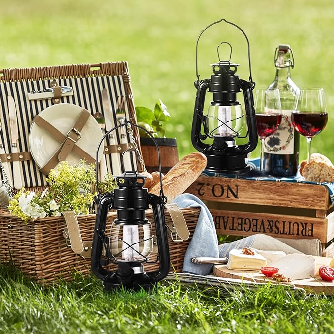 Hortsun 4 Pcs Black Vintage LED Camping Lanterns Warm LEDs and Dimmer Switch Battery Operated Metal Hurricane Farmers Hanging Lantern for Indoor Outdoor Usage Decor (8 Inch)