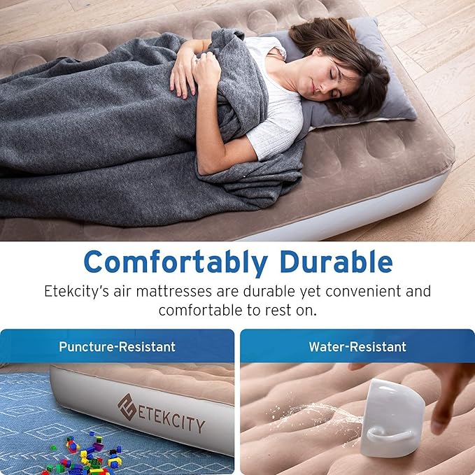 Etekcity Air Mattress Upgraded Twin Size Camping Air Bed Blow Up Bed Inflatable Mattress Raised Airbed with Rechargeable Pump for Guest, Camping, Hiking, Height 9", Storage Bag, Brown