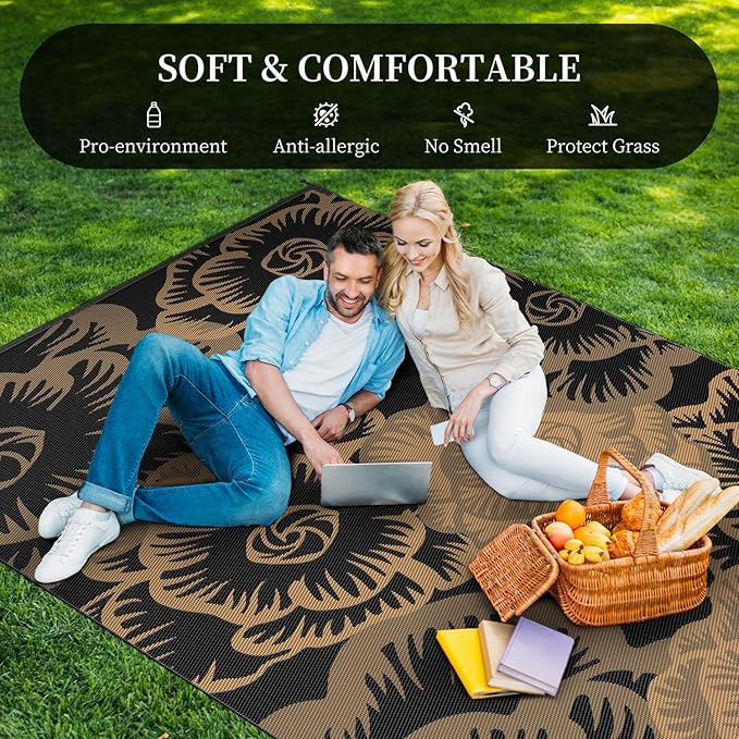 MontVoo Outdoor Rug-Waterproof Patio Rug Mat 5x8 Outdoor Carpet Mat Reversible Plastic Straw Outside Outdoor Rug for RV Camping Picnic Beach Balcony Backyard Pool Deck Farmhouse Floral Black Brown