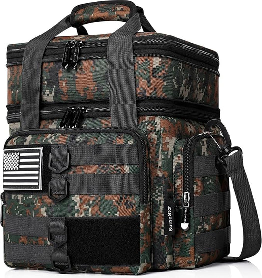 Tactical Lunch Box for Men, Large Insulated Lunch Bag Adult, Heavy Duty Double Deck Expandable Lunch Cooler Bag Leakproof Waterproof Lunch Tote for Work Office Camping Travel-Camo Green