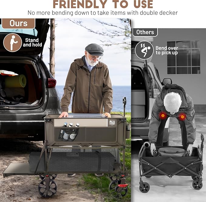TIMBER RIDGE 400L Large Capacity Folding Double Decker Wagon with Brakes, 54" Extra Long Extender Wagon Cart, 450lbs Heavy Duty Collapsible Cart, All-Terrain Big Wheels for Camping, Sports, Shopping