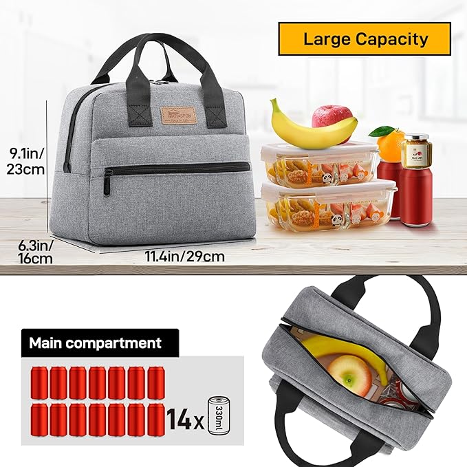 HOMESPON Insulated Lunch Bag for Women Men Lunch Box Cooler Lunch Tote for Work Picnic (Grey)