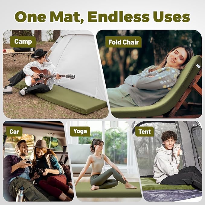 Memory Foam Camping Mattress Pad, Portable Roll Up Pads for Adults, Sleeping pad for Camping Bed, Car Bed Mat with Travel Bag- Green