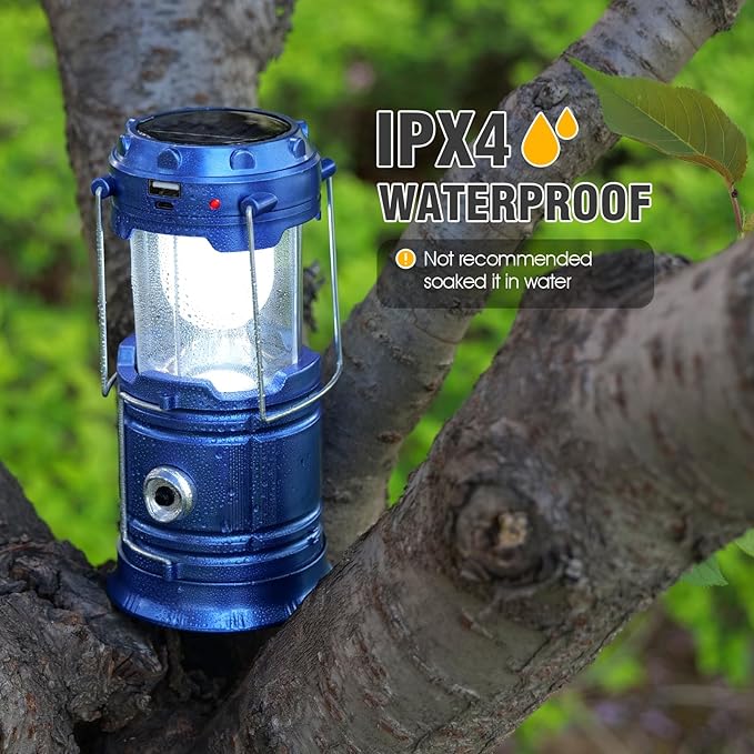 Solar Camping Lantern for Power Outages - USB Rechargeable Lamp Camping Essentials，Collapsible Waterproof Solar Lights for Indoor Outdoor Emergency Light/4 Packs/Blue