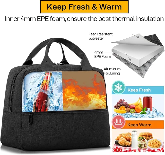 HOMESPON Insulated Lunch Bag for Women Men Lunch Box Cooler Lunch Tote for Work Picnic (Black)