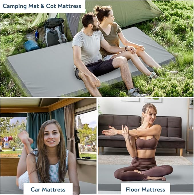 Memory Foam Camping Cot Mattress Pad with Waterproof Cover, 3 Inch Non-Slip Bottom Thick Sleeping Pad for Camping, Portable Roll up Cot Mattress Pad Mat for Travel Truck Bed Tent, 72"×24"×3", Gray