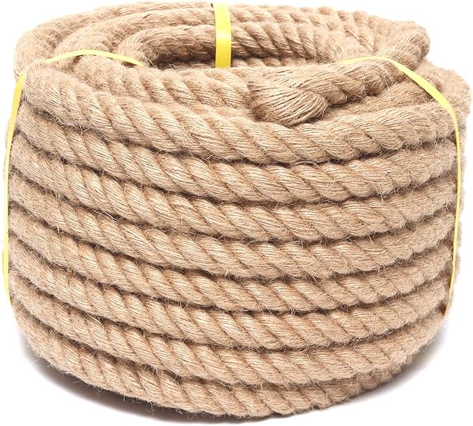 Rope 3/4 Inch 50 Feet Jute Rope, Heavy Duty Jute Rope,Natural Hemp Rope, Twisted Hemp Rope for Crafts, Gardening, Bundling,Hammock, Nautical, Tug of War, Railings, Home Decorating