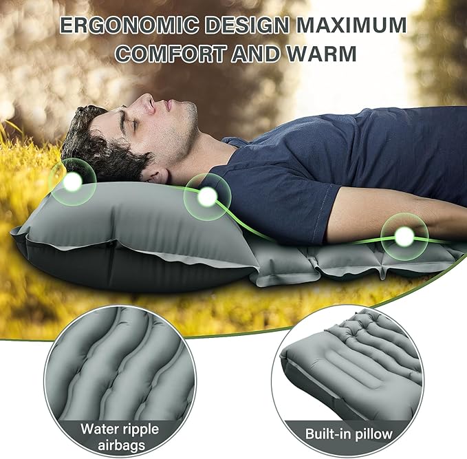 Camping Sleeping Pad, Ultralight Camping Mat with Pillow Built-in Foot Pump Inflatable Sleeping Pads Compact for Camping Backpacking Hiking Traveling - Gray