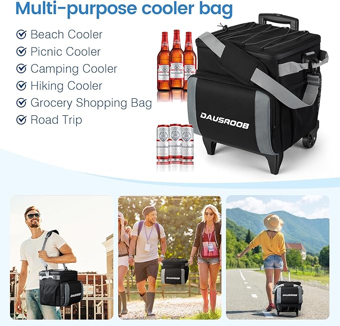 Rolling Cooler with Wheels, Heavy Duty Leakproof Soft-Sided Ice Chest, 12Hrs Ice Retention & Enhanced Stability Wheeled Coolbag, Insulated Travel Cooler for Camping,Grocery,Beach,Outdoor