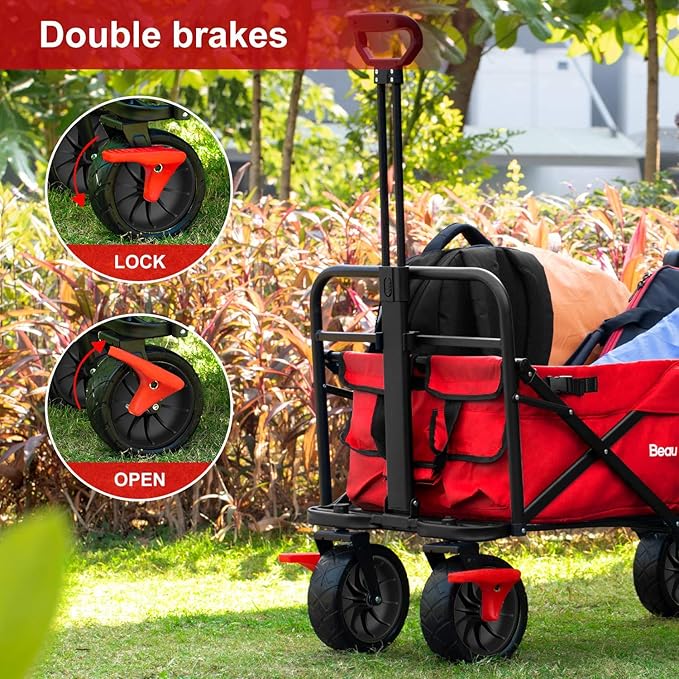 BEAU JARDIN Collapsible Foldable Push Pull Folding Beach Wagon 350lbs Heavy Duty Utility Camping Grocery Garden Sport Shopping Wagon Cart with All Terrain Big Sand Wheels and Brakes Red