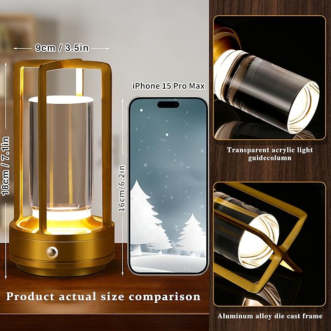 Portable Metal Table Lamp,Cordless Table Lamp,Battery Operated, 3 Light Colors, for Restaurant/Bedroom/Bars/Outdoor Party/Camping/Coffee Shop Atmosphere Night Light (Gold)