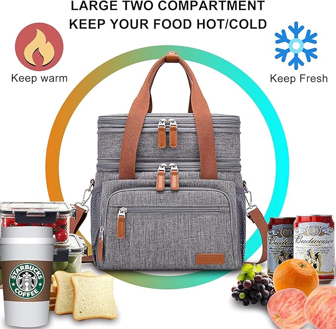 Weitars Lunch Bag for Women Men, Loncheras Para Mujer Dual Compartment Waterproof Reusable Large Lunch Box Wide-Open Cooler Tote Bag For Working Picnic Hiking (15L) (Gray(kahki))