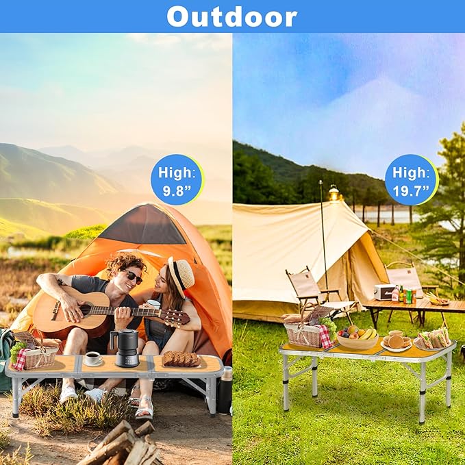 AO LI GEI Folding Camping Table Small with Storage Bag,Adjustable Height Portable Picnic Table,Upgraded Thickening Lightweight Outdoor Table Aluminum Legs (Brown:15.7"x35.4", 2 Height:9.8"/19.7")