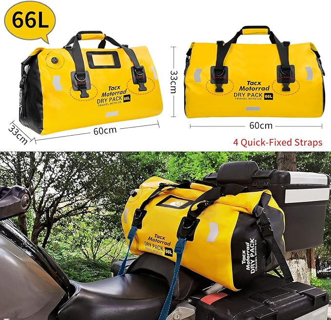 Waterproof Duffel Bag for Men/Women, Roll-top Dry Backpack Duffel Bag with Quick-fixed Straps, Motorcycle Tail Saddle Bag for Motorcycling, Rafting, Boating, Kayaking, Travel, 66L-Yellow