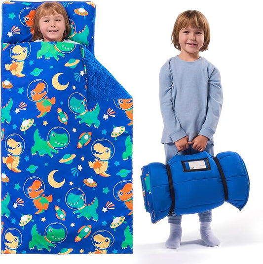 JOIEDOMI Toddler Nap Mat for Preschool 55''x30'' Sleeping Mat with Removable Pillow and Minky Blanket for Kids Ages 3-7 Roll Up Soft Kids Sleeping Bag for Boys Girls Kindergarten Daycare Sleepover