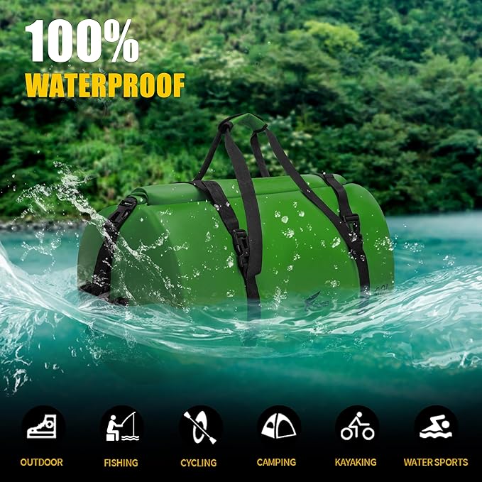 8 Fans Extra Large Waterproof Duffle Bag,Heavy Duty Travel Dry Bag with Durable Straps & Handles, Ideal for Kayaking,Paddleboarding,Boating,Rafting,and Fishing (Green, 90L)