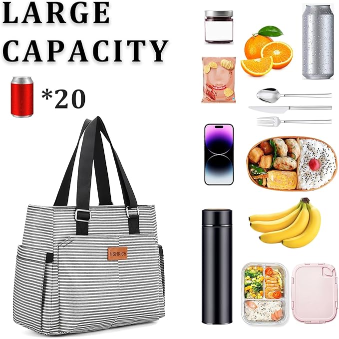 Large Women Lunch Bags for Work/Insulated Adult Lunch Box for Women/Leakproof Cooler Lunch Tote Bag with Storage Pocket. Reusable Lunch Cooler Purse for Work Picnic Hiking 14L, Stripe