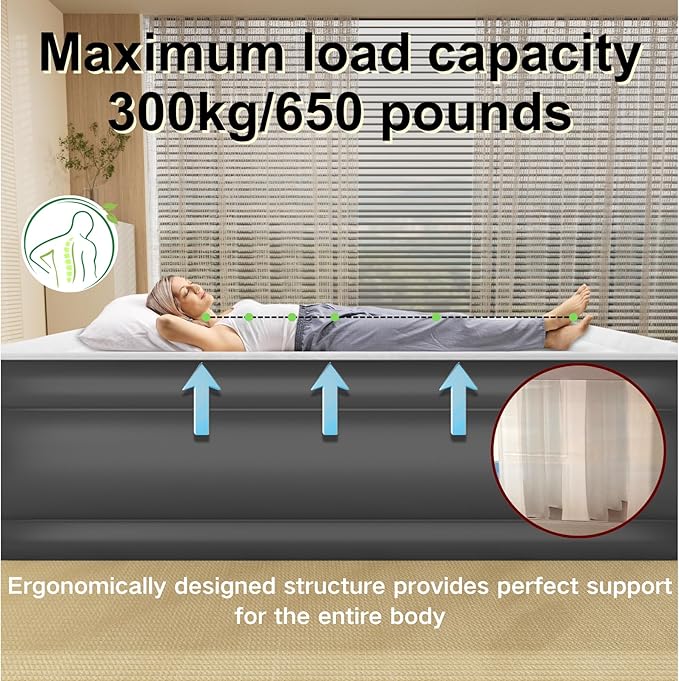Air Mattress Queen with Built in Wireless Battery Pump,22'' Blow Up Inflatable Air Bed for Camping,Home,Thick Velvet Texture Waterproof,22'' Grey