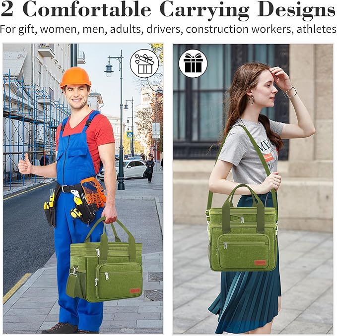 Expandable Insulated Large Cooler Lunch Box for Men 23L Heavy Duty Double Deck Leakproof Lunch Bag with 4 Ice packs&5 Snack Bags for Adult/Construction/Women/Work/Picnic/Camping -Green