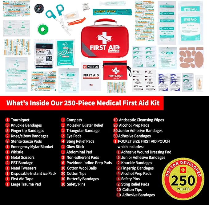 Protect Life First Aid Kit for Home/Business, HSA/FSA Eligible Emergency Kit - Medical First Aid Kit - Camping First Aid Kit Hiking - 250pcs