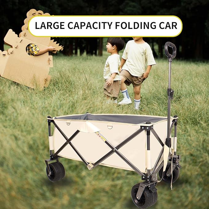 Collapsible Folding Wagon with Big Wheels,Heavy Duty Utility Beach Buggy Cart w/Adjustable Handle and Drink Holder,for Sand,Shopping,Camping,Garden,Outdoor,38",Antique White