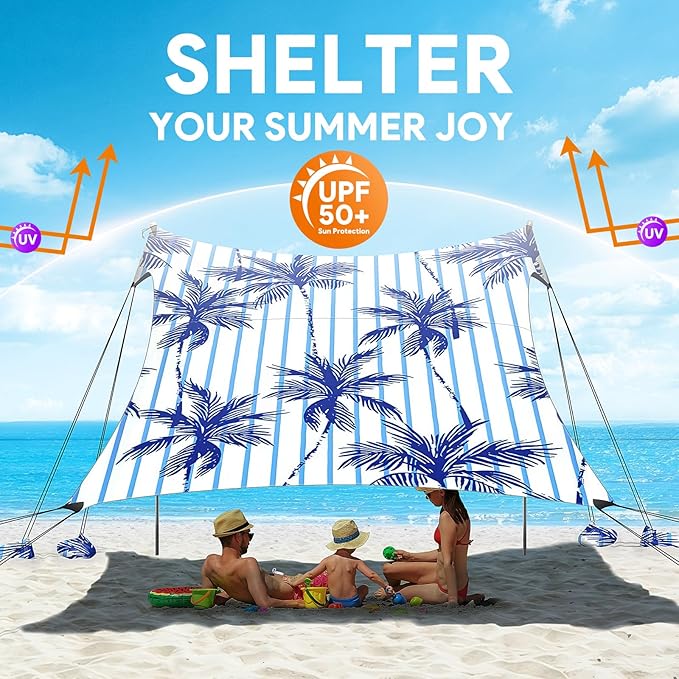 Beach Tent Sun Shelter, 10 x 10 FT Beach Canopy Tent Sun Shade, UPF50+ Beach Tent Canopy with 8 Sandbags & 4 Stability Poles, Outdoor Beach Tent for Beach Camping Fishing, Coconut Tree