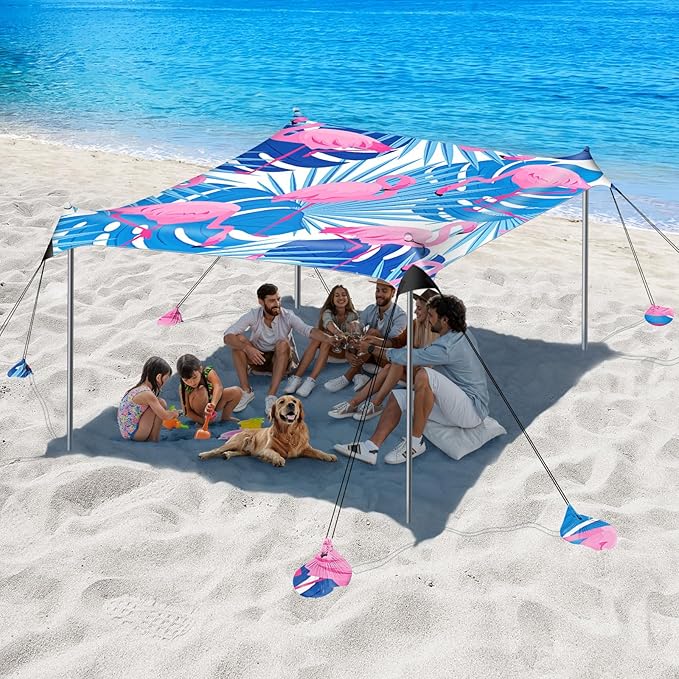 Beach Tent Sun Shelter, 10 x 10 FT Beach Canopy Tent Sun Shade, UPF50+ Beach Tent Canopy with 8 Sandbags & 4 Stability Poles, Outdoor Beach Tent for Beach Camping Fishing, Flamingo