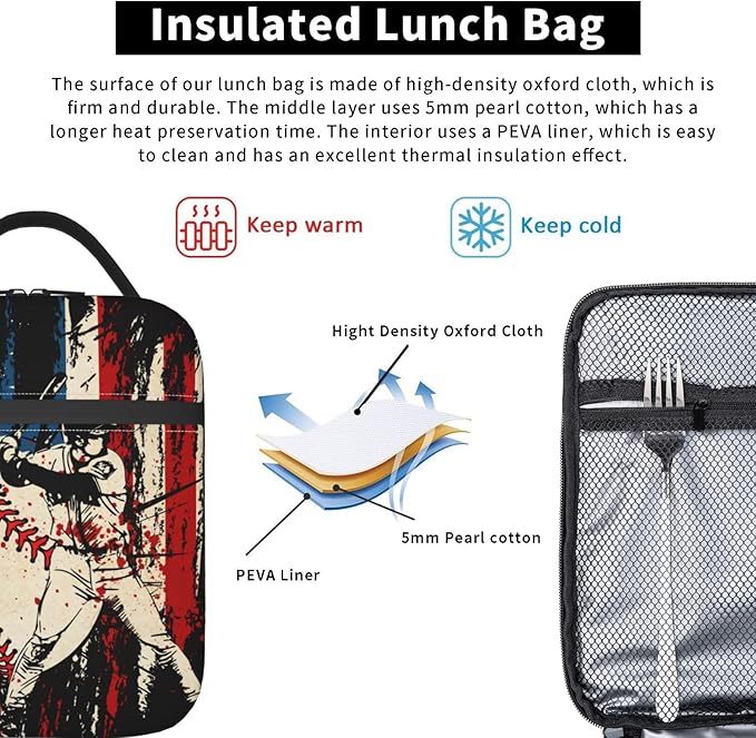 Baseball Stitches American Flag Insulated Lunch Bag, Baseball Sport Lunch Box Tote Cooler Reusable Lunch Pail Adjustable Shoulder Strap and Side Pocket Outdoors Meal Bag For Women