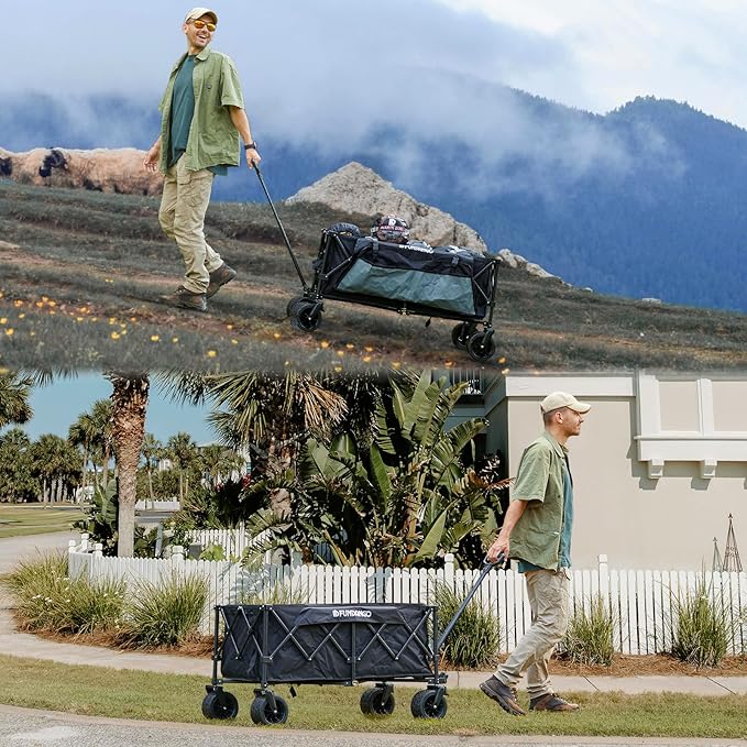 FUNDANGO 600lbs Collapsible Wagon, Foldable Beach Wagons Heavy Duty Garden Cart with Brakes, Side Pockets & All-Terrain Big Wheels for Sports Camping Shopping Groceries, Black