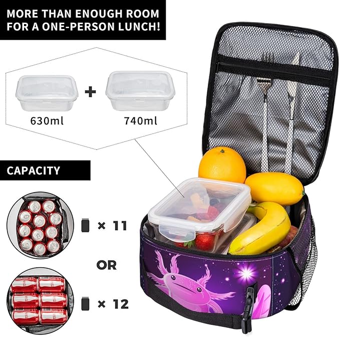 Purple Axolotl Lunch Box Lunch Box Reusable Insulated Totes Lunch Bag Thermal Cooler For Boy Girls School Men Women Beach Picnic Travel
