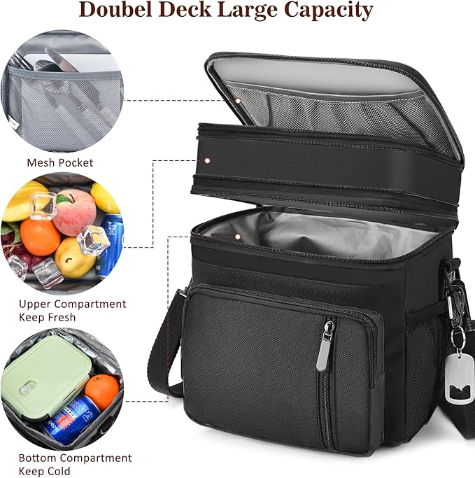LOKASS Lunch Bag & Lunch Box for Men Women - Double Deck Expandable Insulated Waterproof Leakproof Cooler Bag for Work/Picnic - Black