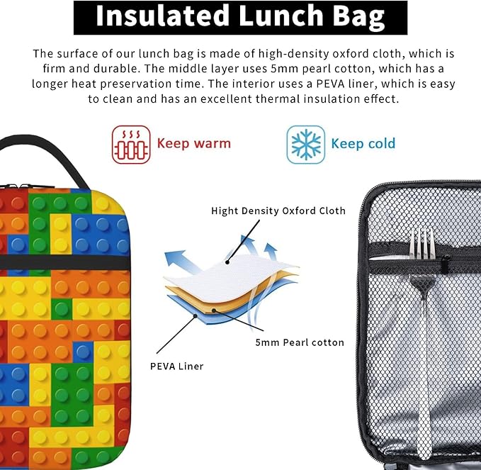 Fun Blocks Colorful Insulated Lunch Bag Reusable Cooler Lunch Box Portable Leakproof Thermal Container Tote Bags for Girls Boys School Travel