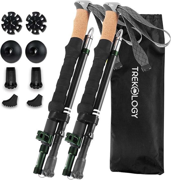 TREKOLOGY Trek-Z Cork Grip Trekking Poles – Lightweight Folding Hiking Poles, Adjustable Height, Compact Travel Design, Aircraft-Grade Aluminum Walking Sticks for Men & Women