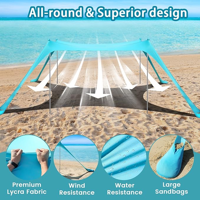 Beach Tent - Beach Shade UPF 50+ UV Protection, 9.8 x 9.8 FT, Anti-Wind with 4 Poles, 4 Windproof Ropes, 1 Portable Bag, Sun Shelter Perfect for Picnics