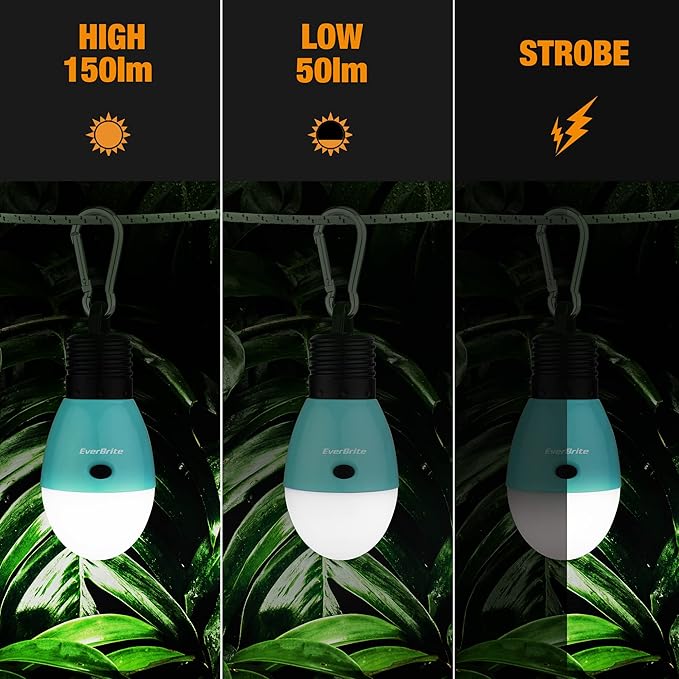 EverBrite Rechargeable Camping Light,Portable Tent Lantern,3 Lighting Modes, Hanging Tent Light Bulbs with Clip Hook for Hiking, Fishing, Backpacking, Emergency and More,Blue(2 Pack)