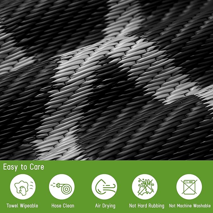 Easy-Going Reversible Outdoor Rugs 9x12ft Waterproof Plastic Straw Rug Stain & UV Resistant Floor Mat for Patio Porch RV Backyard Pool Deck Picnic Beach Trailer Camping (Moroccan Black & Light Grey)