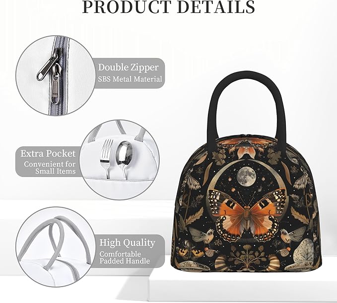 Orange Butterfly Moon Lunch Bag Lunch Box for Women Men Boys Girls, Reusable Insulated Lunch Tote Bag, Leakproof Thermal Cooler Sack Food Handbags High Capacity for Work School Picnic Camping Gifts