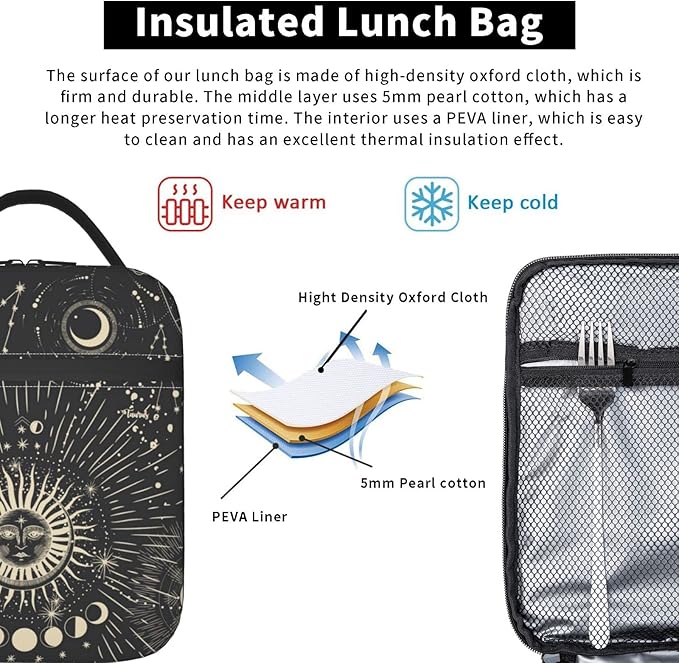 Sun and Moon Mystic Goth Witchy Lunch Box Reusable Insulated Totes Lunch Bag Thermal Cooler For Boy Girls School Men Women Beach Picnic Travel