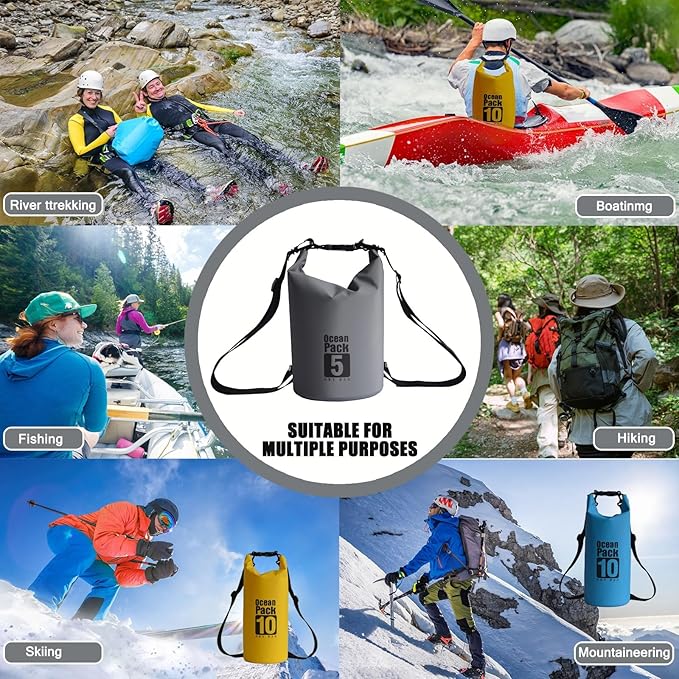 Floating Waterproof Dry Bag Backpack 5L/10L/20L, Roll Top Bag for Kayaking, Rafting, Boating, Swimming, Camping, Hiking, Beach, Fishing, Waterproof Beach Bag. (Gray, 5L)