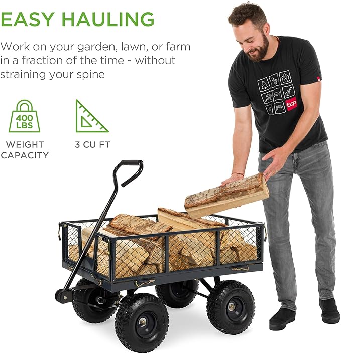 Best Choice Products Utility Garden Cart Wagon for Lawn, Yard w/Heavy-Duty Steel 400lb Weight Capacity, Removable Sides, Long Handle, 10in Tires - Gray