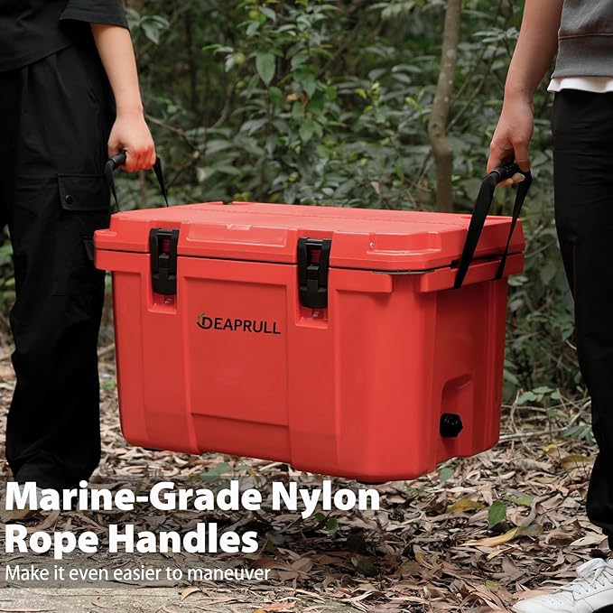 60 Quart Hard Cooler, Insulated Ice Chest Box Holds Ice for up to 6 Days, Portable Cooler with Nylon Rope Handles, Cup Holders, Double Latches for Camping Drink, Beach, Picnic, Fishing, Boat, Barbecue
