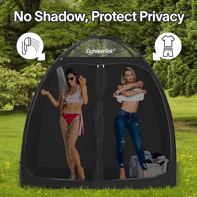 EighteenTek Camping Shower Tent Changing Room with Fixed Floor 2 Rooms and Doors Outdoor Pop Up Camping Toilet Portable Privacy Dressing Shelter with Carry Bag 83"x43"x80"