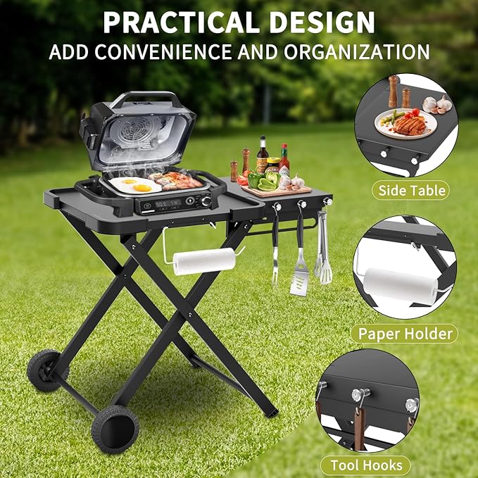 Apromise Grill Stand for Ninja Woodfire OG700/OG800/OG900 Series, Pro XL, and OO101 Pizza Oven, Compatible with Blackstone 17" Griddle, Portable Outdoor Grill Table with Wheels & Side Shelf