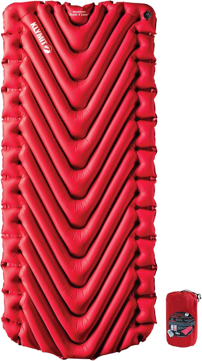 Klymit Insulated Static V Luxe Inflatable Sleeping Pad for Camping, Lightweight Hiking and Backpacking Air Bed for Cold Weather,Red & Insulated Static V Inflatable Sleeping Pad for Camping